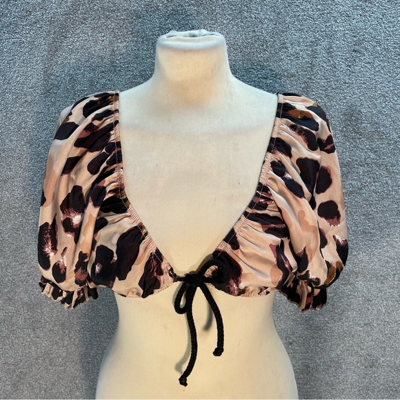 Boohoo Tops - BOOHOO LEOPARD CROP TOP SATIN GOLD BLACK PUFF SHORT SLEEVE TIE FRONT Y2K UK 10
